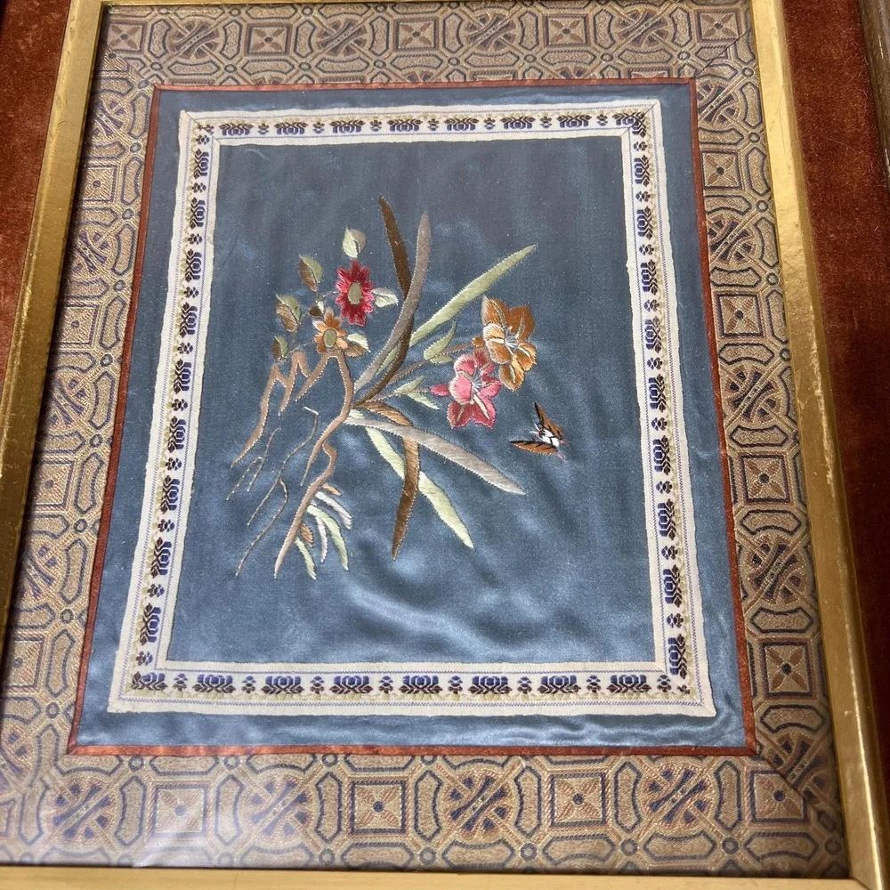 VTG Asian Silk Embroidery Framed Floral Bird Art Blue Silk Textile Wall Decor